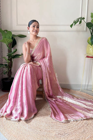 Pink Solid with Lace Border Satin Saree (ACA9835)