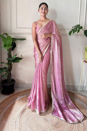 Pink Solid with Lace Border Satin Saree (ACA9835)
