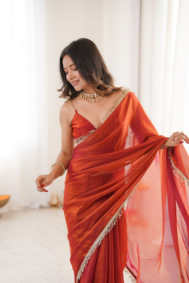 Orange Solid with Lace Border Satin Saree (ACA9836)