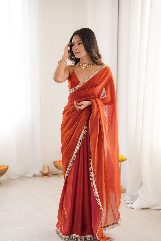 Orange Solid with Lace Border Satin Saree (ACA9836)