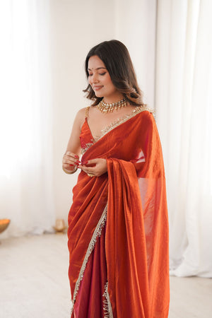 Orange Solid with Lace Border Satin Saree (ACA9836)