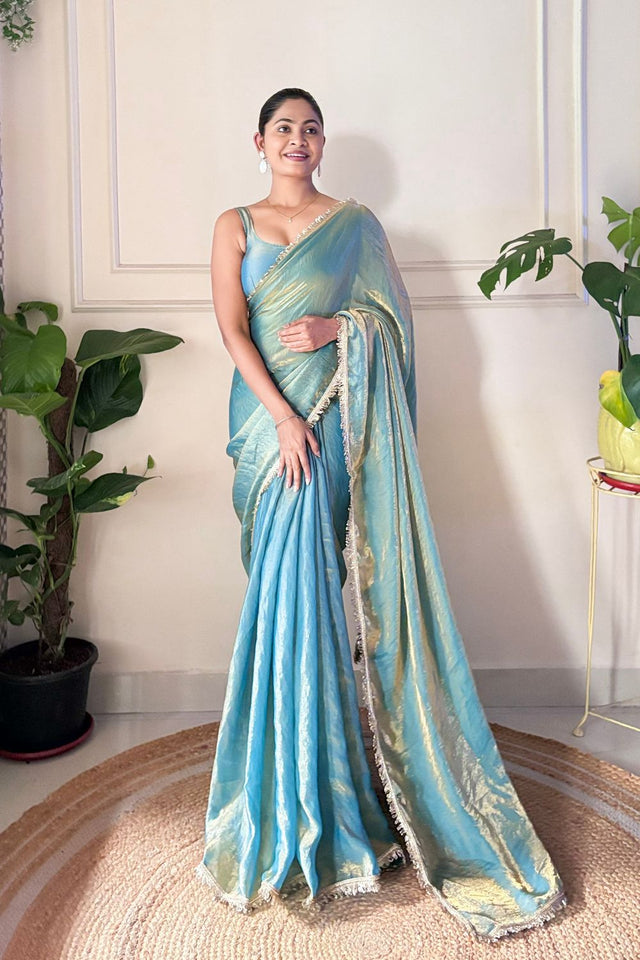 Blue Solid with Lace Border Satin Saree (ACA9837)
