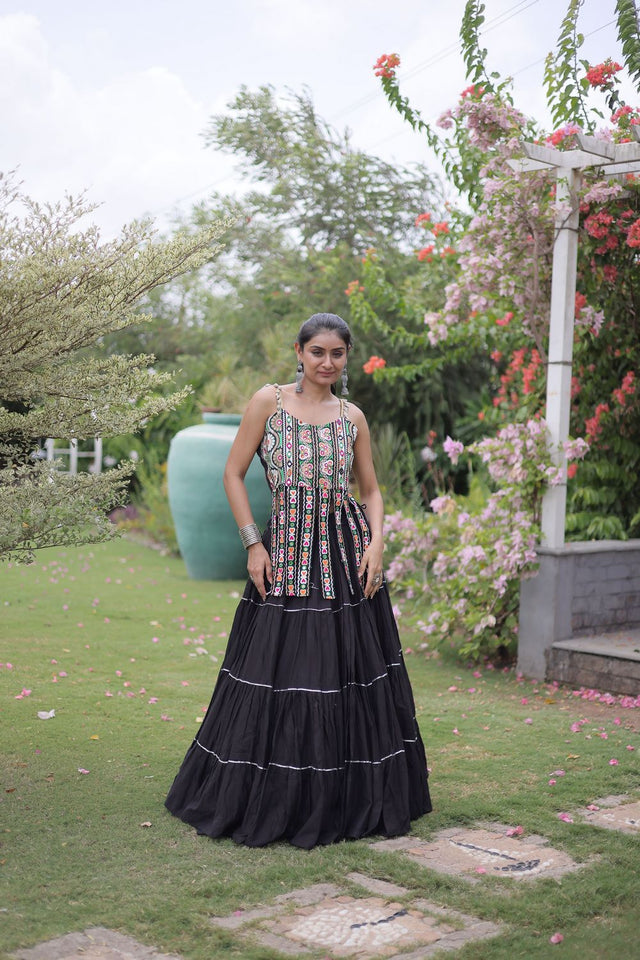 Black Solid Cotton Free Size Stitched Lehenga (ACA9844)