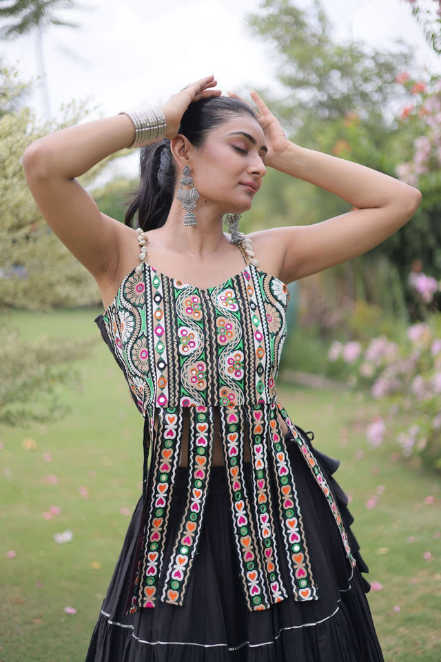 Black Solid Cotton Free Size Stitched Lehenga (ACA9844)