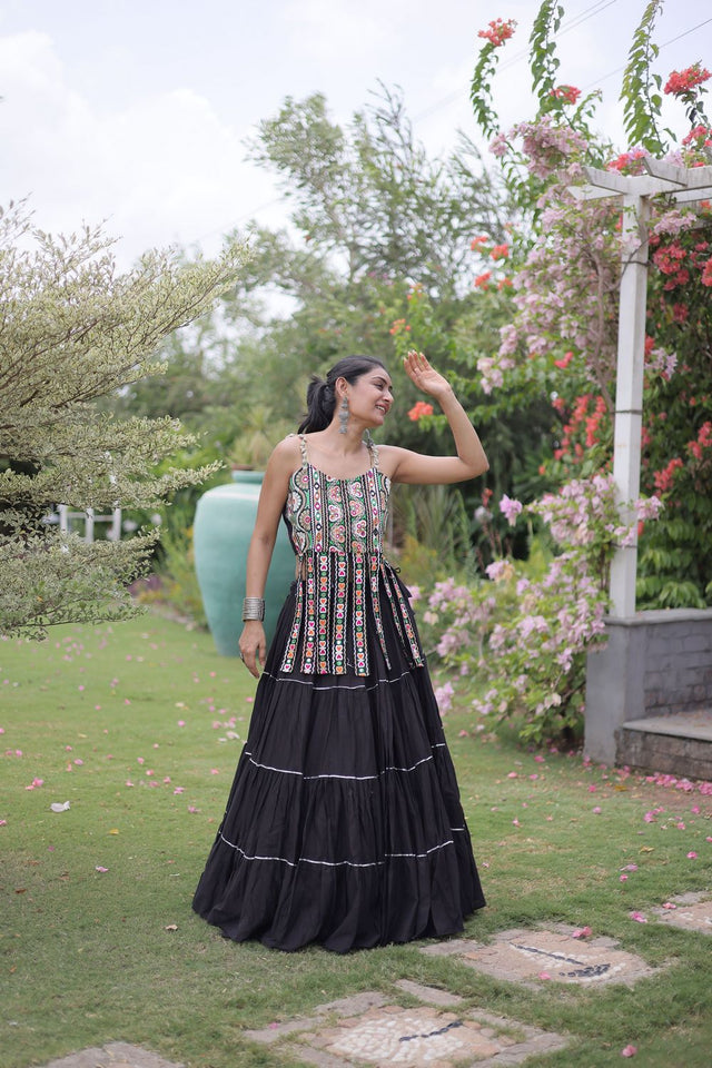 Black Solid Cotton Free Size Stitched Lehenga (ACA9844)