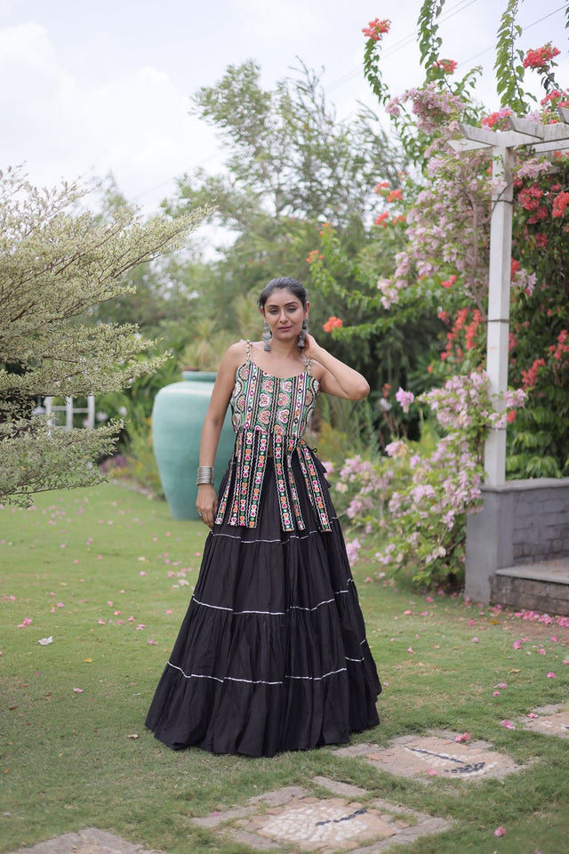 Black Solid Cotton Free Size Stitched Lehenga (ACA9844)