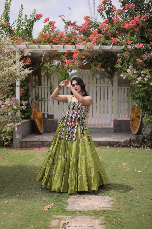 Green Solid Cotton Free Size Stitched Lehenga (ACA9847)