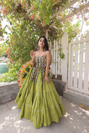 Green Solid Cotton Free Size Stitched Lehenga (ACA9847)