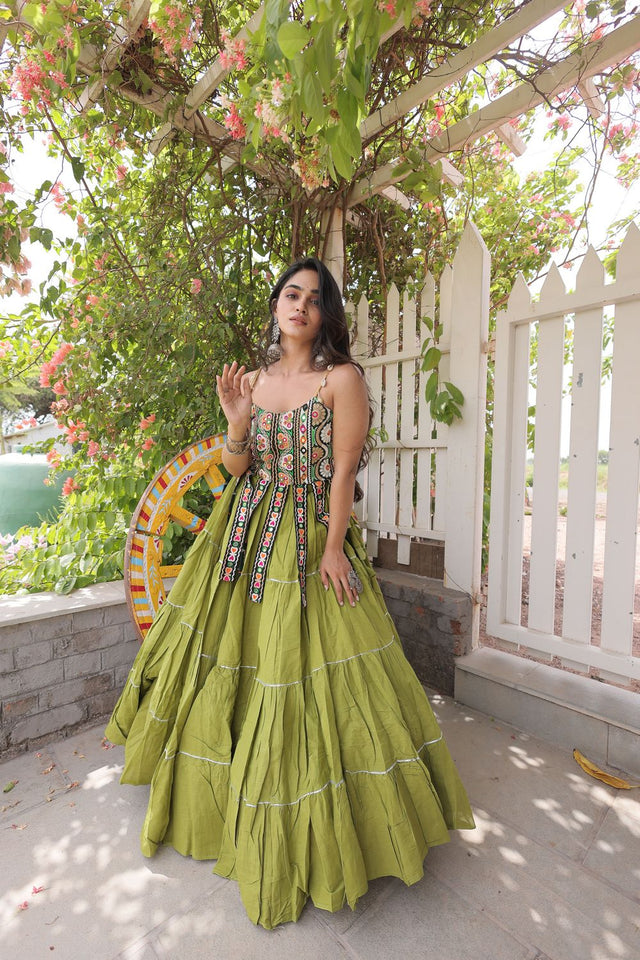 Green Solid Cotton Free Size Stitched Lehenga (ACA9847)