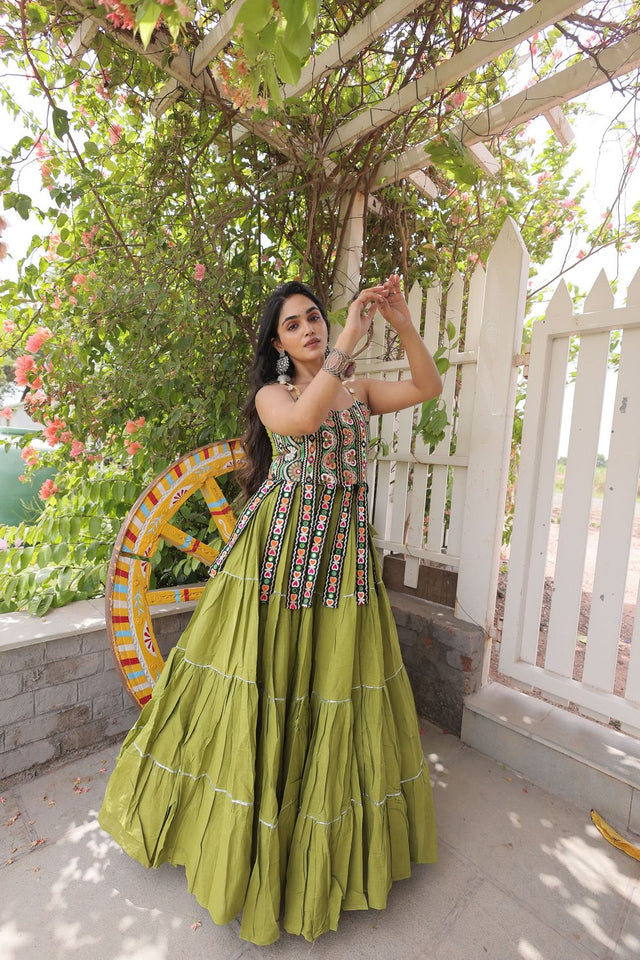 Green Solid Cotton Free Size Stitched Lehenga (ACA9847)