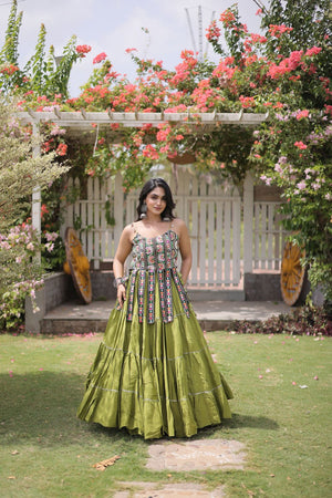 Green Solid Cotton Free Size Stitched Lehenga (ACA9847)