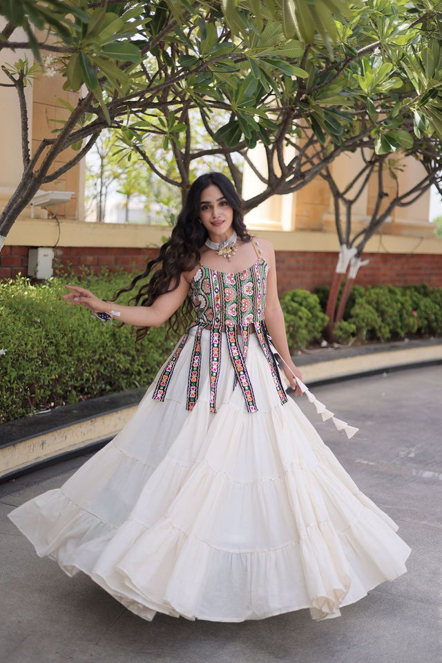 White Solid Cotton Free Size Stitched Lehenga (ACA9850)