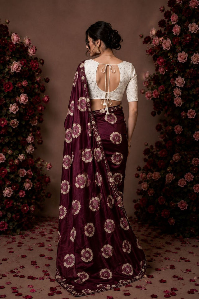 Maroon Floral Printed with Embroidered Border Chiffon Saree (ACA9852)