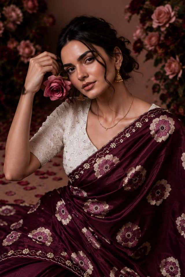 Maroon Floral Printed with Embroidered Border Chiffon Saree (ACA9852)
