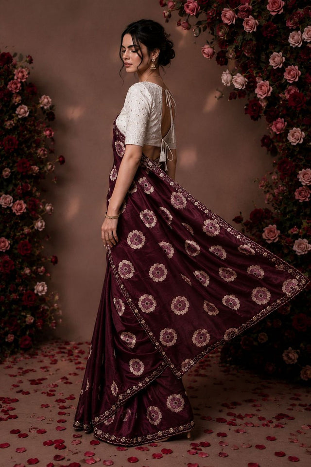 Maroon Floral Printed with Embroidered Border Chiffon Saree (ACA9852)