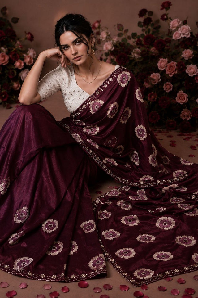 Maroon Floral Printed with Embroidered Border Chiffon Saree (ACA9852)