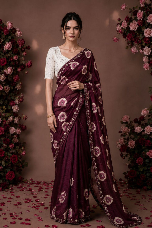 Maroon Floral Printed with Embroidered Border Chiffon Saree (ACA9852)