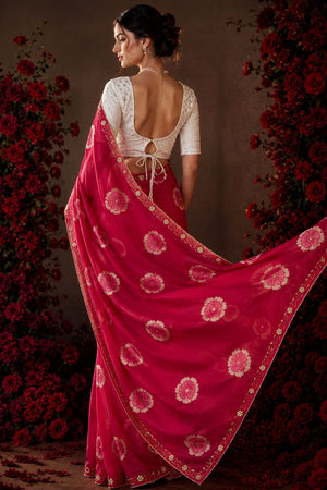 Pink Floral Printed with Embroidered Border Chiffon Saree (ACA9853)