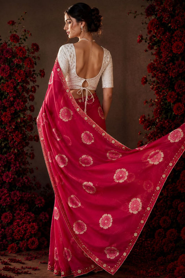 Pink Floral Printed with Embroidered Border Chiffon Saree (ACA9853)