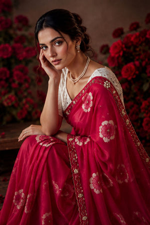 Pink Floral Printed with Embroidered Border Chiffon Saree (ACA9853)