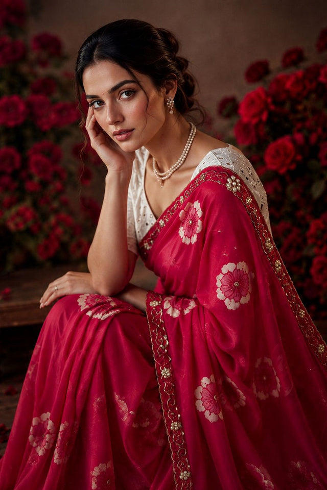 Pink Floral Printed with Embroidered Border Chiffon Saree (ACA9853)