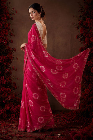 Pink Floral Printed with Embroidered Border Chiffon Saree (ACA9853)