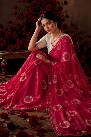 Pink Floral Printed with Embroidered Border Chiffon Saree (ACA9853)