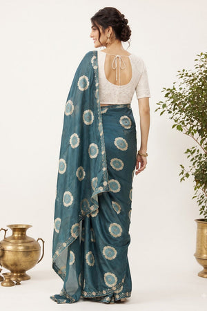 Turquoise Floral Printed with Embroidered Border Chiffon Saree (ACA9854)