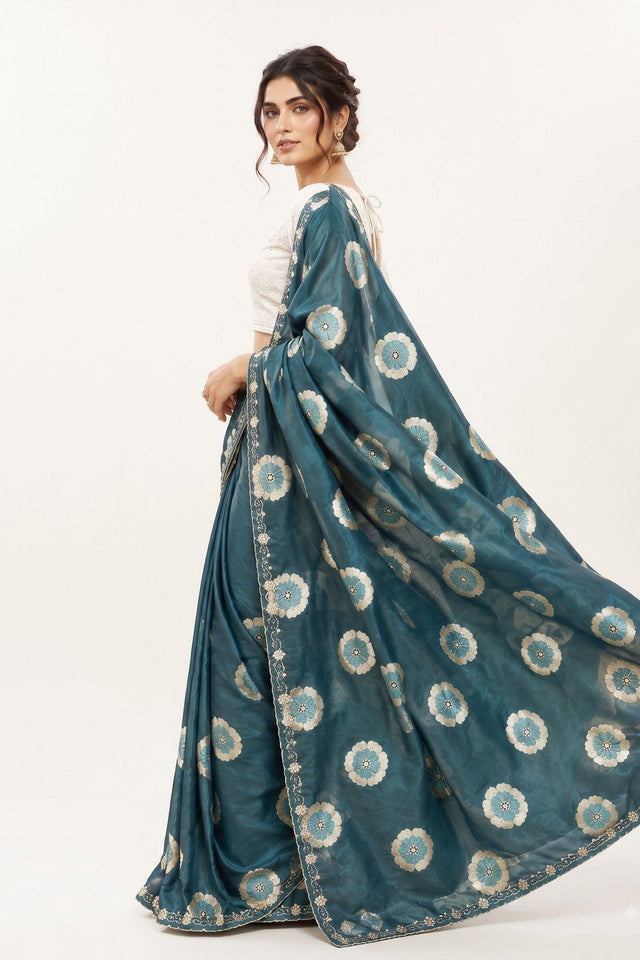 Turquoise Floral Printed with Embroidered Border Chiffon Saree (ACA9854)