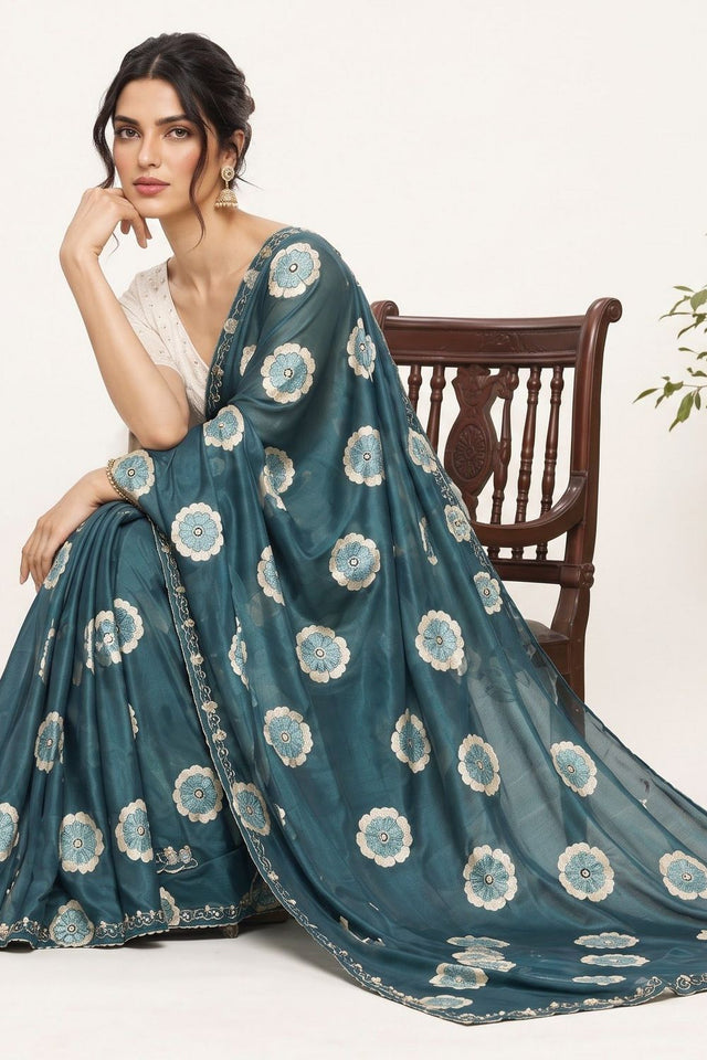 Turquoise Floral Printed with Embroidered Border Chiffon Saree (ACA9854)