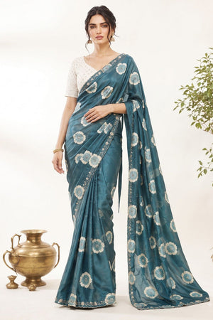 Turquoise Floral Printed with Embroidered Border Chiffon Saree (ACA9854)