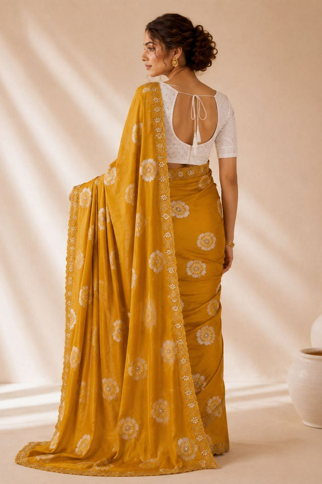 Mustard Floral Printed with Embroidered Border Chiffon Saree (ACA9855)