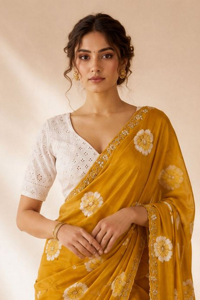 Mustard Floral Printed with Embroidered Border Chiffon Saree (ACA9855)