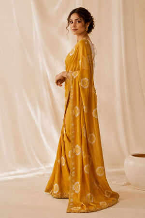 Mustard Floral Printed with Embroidered Border Chiffon Saree (ACA9855)