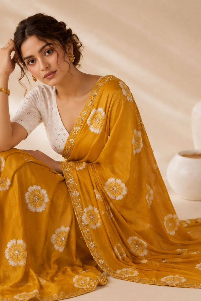 Mustard Floral Printed with Embroidered Border Chiffon Saree (ACA9855)