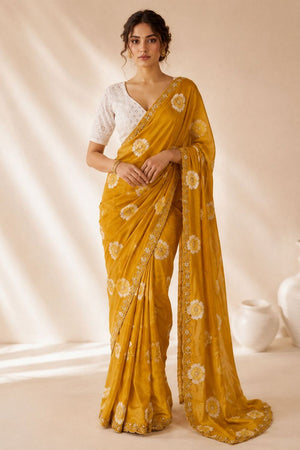 Mustard Floral Printed with Embroidered Border Chiffon Saree (ACA9855)