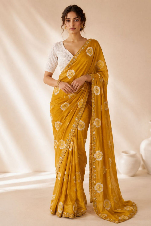 Mustard Floral Printed with Embroidered Border Chiffon Saree (ACA9855)
