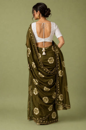 Mehendi Floral Printed with Embroidered Border Chiffon Saree (ACA9856)