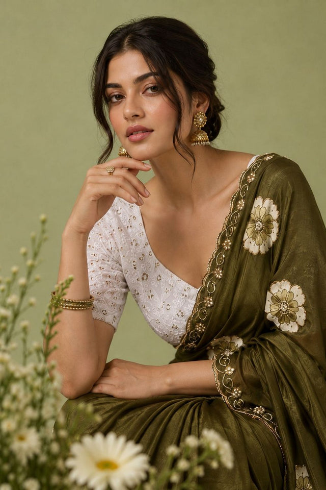 Mehendi Floral Printed with Embroidered Border Chiffon Saree (ACA9856)