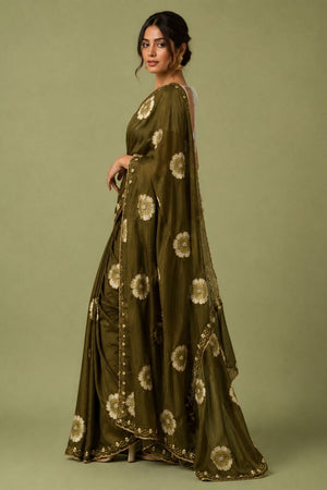 Mehendi Floral Printed with Embroidered Border Chiffon Saree (ACA9856)