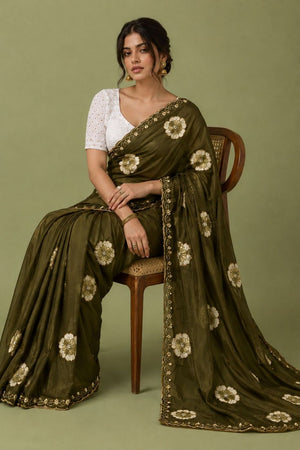 Mehendi Floral Printed with Embroidered Border Chiffon Saree (ACA9856)