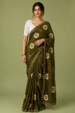 Mehendi Floral Printed with Embroidered Border Chiffon Saree (ACA9856)