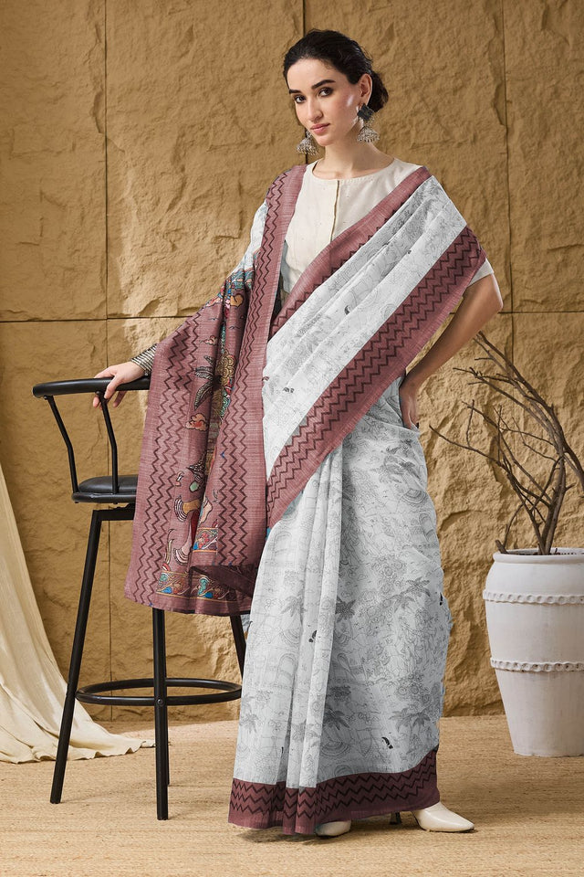 Wine Printed Silk Blend Ready to Wear Saree (ACA9857)