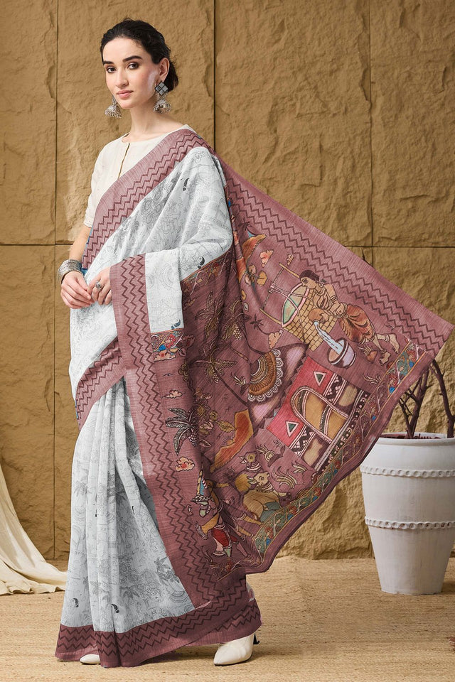 Wine Printed Silk Blend Ready to Wear Saree (ACA9857)