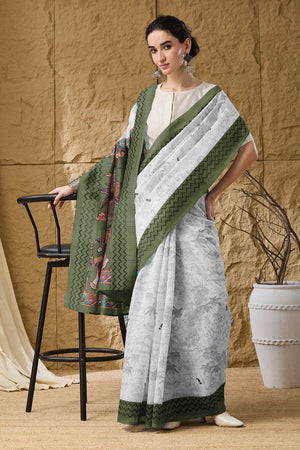 Green Printed Silk Blend Ready to Wear Saree (ACA9858)