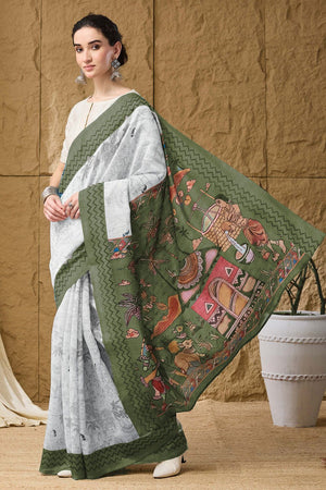 Green Printed Silk Blend Ready to Wear Saree (ACA9858)