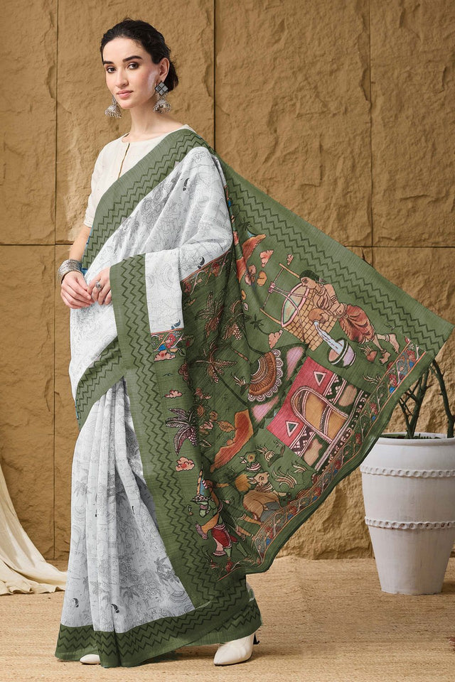 Green Printed Silk Blend Ready to Wear Saree (ACA9858)