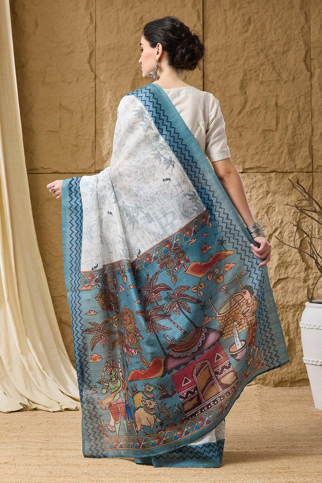Blue Printed Silk Blend Ready to Wear Saree (ACA9859)