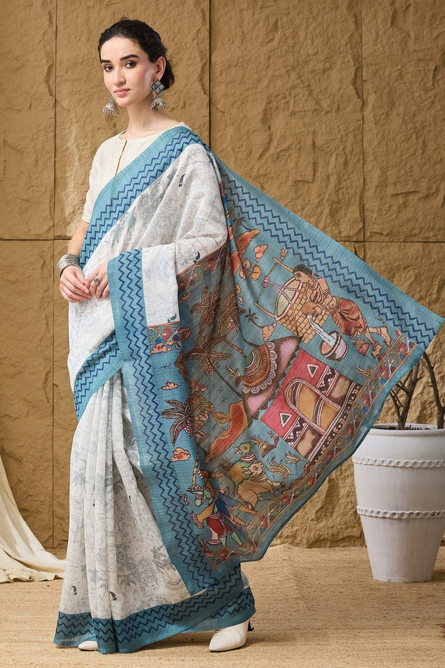 Blue Printed Silk Blend Ready to Wear Saree (ACA9859)