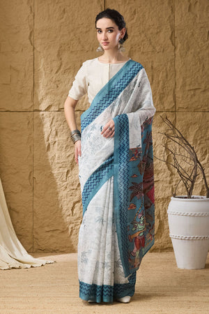 Blue Printed Silk Blend Ready to Wear Saree (ACA9859)